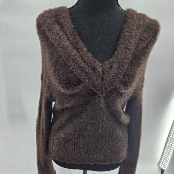 Astr The Label Brown Fuzzy Off Shoulder Pullover Nylon Sweater Size Large - Picture 1 of 10
